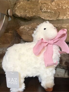NWT RAZ Imports Plush White Lamb w Pink Ribbon
